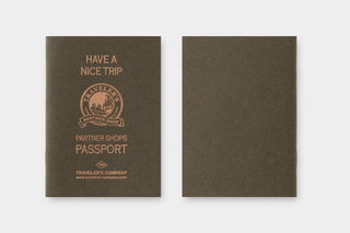 Passport-sized stamp refill insert shown front and back in dark brown