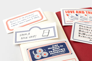Traveler's notebook refill pages with decorative stickers and blue-bordered frames
