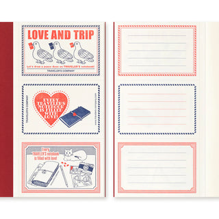 Traveler's notebook refill card pages with red and blue printed sections and lines