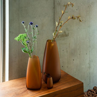 Amber tall glass vase with open top, plus smaller matching bud vase