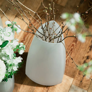 Matte white tapered vase holding branches and white-and-green flowers