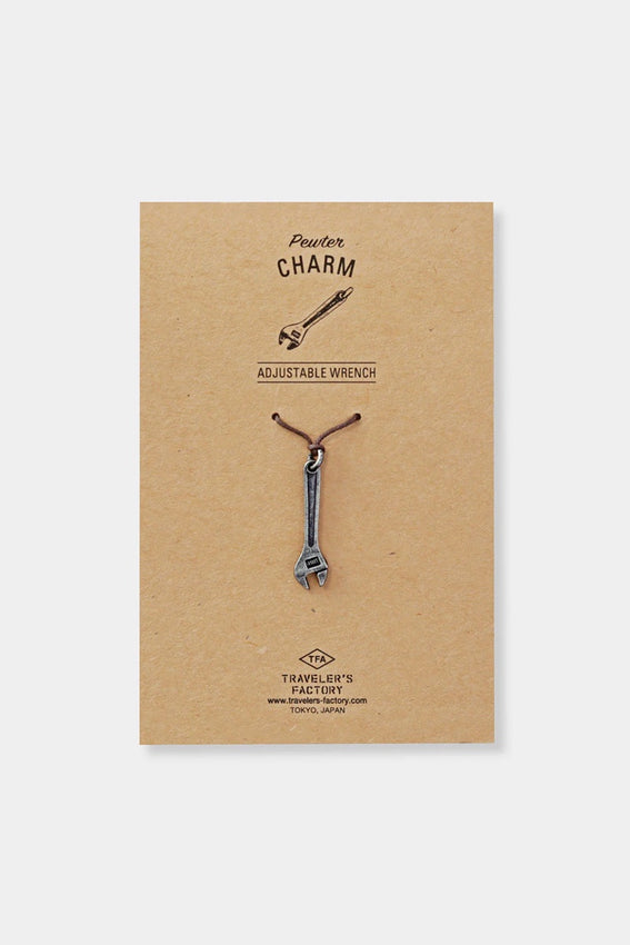TRAVELER'S FACTORY pewter adjustable wrench charm on kraft gift card