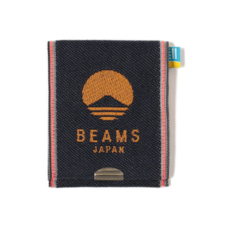 Dark blue denim coin purse with BEAMS JAPAN logo and metal snap