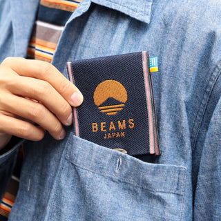 BEAMS Japan denim logo coin purse, dark blue with gold print