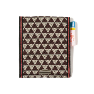 Square coin purse with cream and dark brown triangle pattern and metal clasp tab