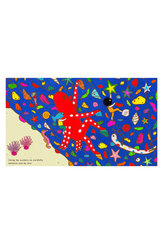 Kids book page with red spotted octopus, blue ocean background, stars and sea creatures