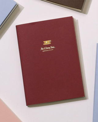 Burgundy A6 weekend diary back cover with Tea & Diary Time cup logo