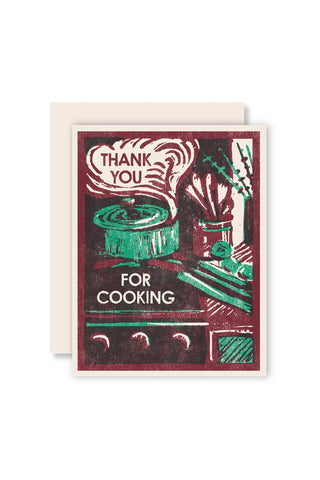 Thank you for cooking letterpress card with maroon and green cookware illustration