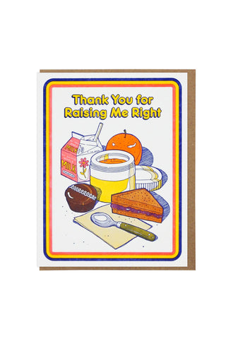 Greeting card with colorful border, text “Thank You for Raising Me Right,” kitchen illustration