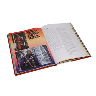 Open art book with red and white layout, including costume photos and a model portrait