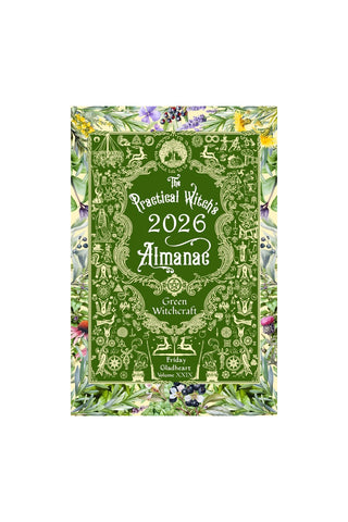 Green witchcraft almanac book with 2026 title and ornate magical symbols