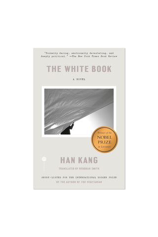 White novel book cover: THE WHITE BOOK, HAN KANG, Nobel Prize badge