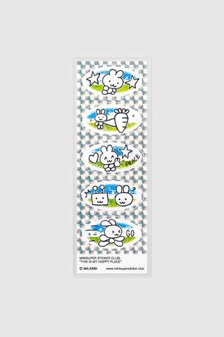 Sticker sheet with cute characters, stars, and heart icons in blue and white
