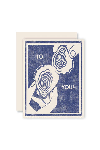 Letterpress greeting card with blue floral oyster illustration and 'To you!' text