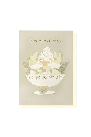 Thank you greeting card with floral teacup illustration and gold-style text