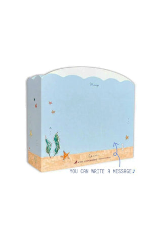 Pop-up aquarium greeting card with blue interior and text: YOU CAN WRITE A MESSAGE.