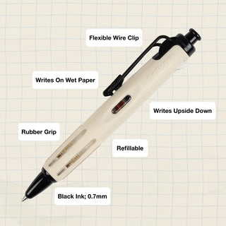 White AirPress ballpoint pen with flexible wire clip, rubber grip; refillable, black 0.7mm
