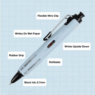 Light blue AirPress ballpoint pen with flexible wire clip and rubber grip; refillable 0.7mm