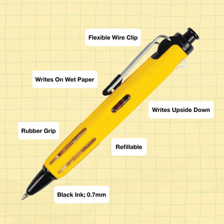 Yellow AirPress ballpoint pen with flexible wire clip and rubber grip; refillable 0.7mm
