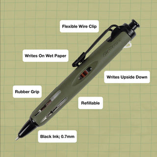 Khaki gray AirPress ballpoint pen with flexible wire clip and rubber grip; refillable 0.7mm