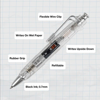 Clear AirPress ballpoint pen with flexible wire clip, rubber grip; refillable black 0.7mm