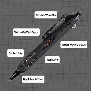 Black AirPress ballpoint pen with flexible wire clip and rubber grip; refillable 0.7mm