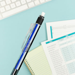 Blue and black mechanical pencil with visible lead tip and ON/LEAD LOCK area