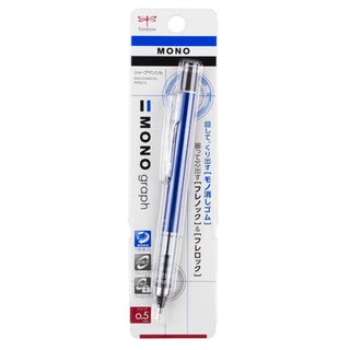 Tombow MONO Graph mechanical pencil blister pack, blue barrel, 0.5mm graphite tip.
