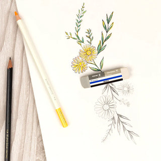 Tombow MONO sand and rubber eraser on paper with floral line drawing