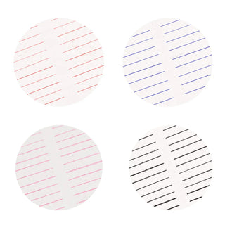 Four replacement eraser refills in beige paper sleeves with red and blue lines