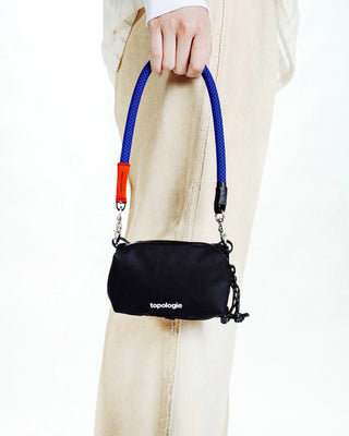 Wrist strap with blue webbing, red end cap, and metal clip attachments