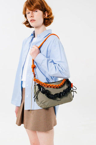 Small crossbody bag with braided O-rope strap: orange with black over olive