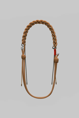 Braided tan rope O-ring strap with leather end tabs and metal connectors