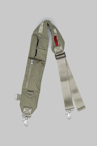 Moss green crossbody bomber strap with adjustable webbing and metal buckles