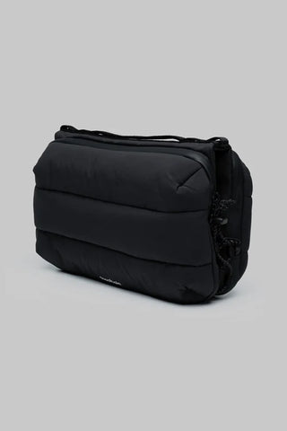 Topologie large black bottle satchel bag with side panels, zipper closure, carry handle