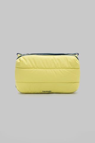 Canary yellow quilted bottle sacoche with navy zipper and shoulder strap