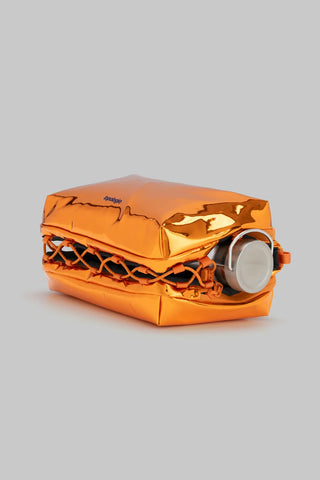 Topologie bottle pouch in orange mirror metallic, side view with strap and lacing