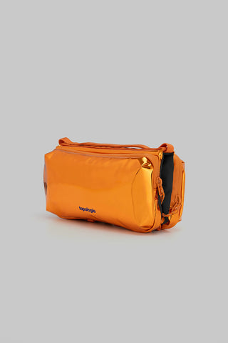 Orange mirror metallic bottle sacoche, side profile with buckle strap detail
