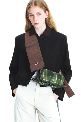 Topologie crossbody sling bag with green plaid mini pouch and brown panel