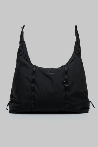 Medium hobo bag with black tech sateen, curved body, side ruching, round D-ring