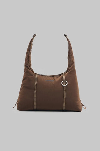 Small cocoa hobo bag in ripstop with ring zipper pull and adjustable straps