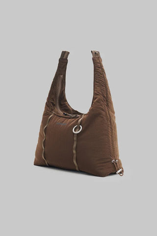 Small cocoa hobo bag with curved handle straps and ring zipper pull