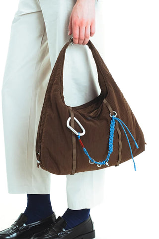 Topologie Cloud Hobo bag small in brown with loop handles and blue beaded strap detail