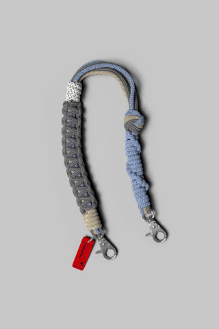 Topologie macrame wrist strap in chambray blue with two metal key rings