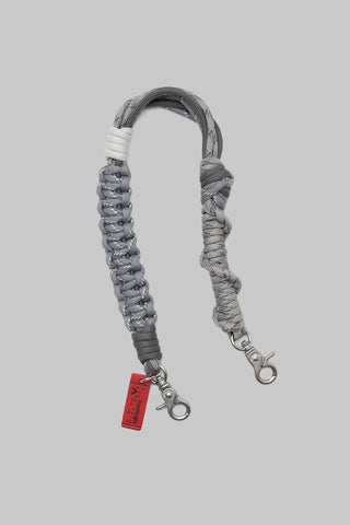 Macrame wrist strap with metal clips, braided in gray with adjustable clasp