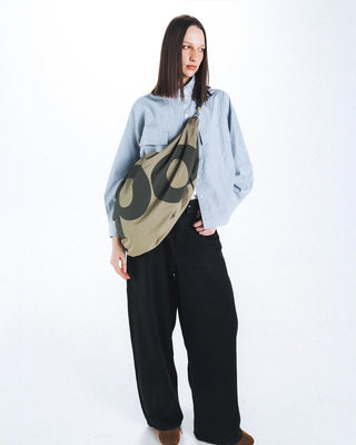 Topologie Robo bag worn crossbody, moss green with beige circle print