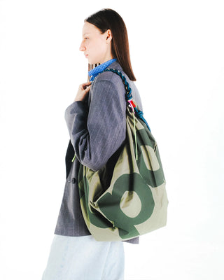 Topologie Robo bag slung over shoulder, moss green with beige circle print