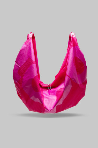 Topologie Robo bag in bright pink translucent ripstop, large open tote with gathered top
