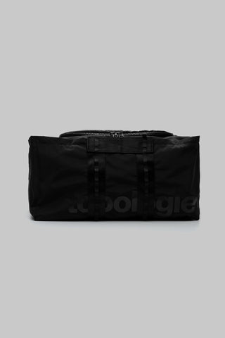 Large black tech sateen duffle bag with top handles and zip closure
