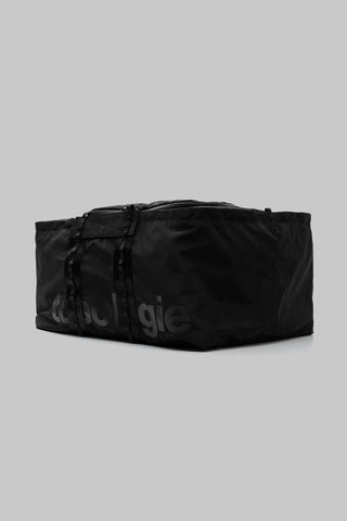 Black large duffle bag with top zipper and structured fabric